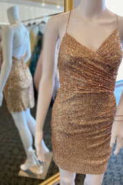 Gold Sequin Lace-Up Short Cocktail Gown