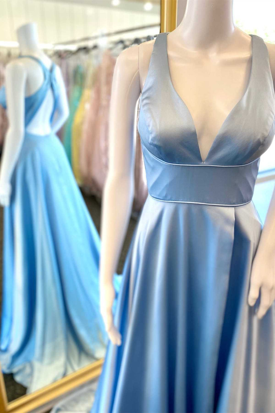 Blue Plunge V High-Waist A-Line Long Formal Dress
