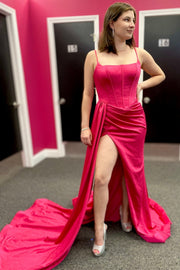 Fuchsia Pink Square Neck Ruched Long Prom Dress with Slit