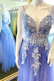 Sparkle Lavender Tulle Flowers Straps Backless A-Line Prom Dress