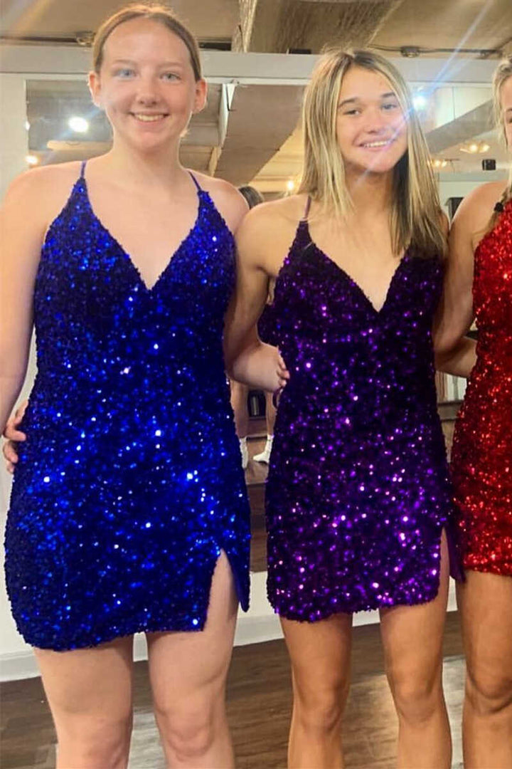 Purple Sequin V-Neck Short Homecoming Dress with Slit
