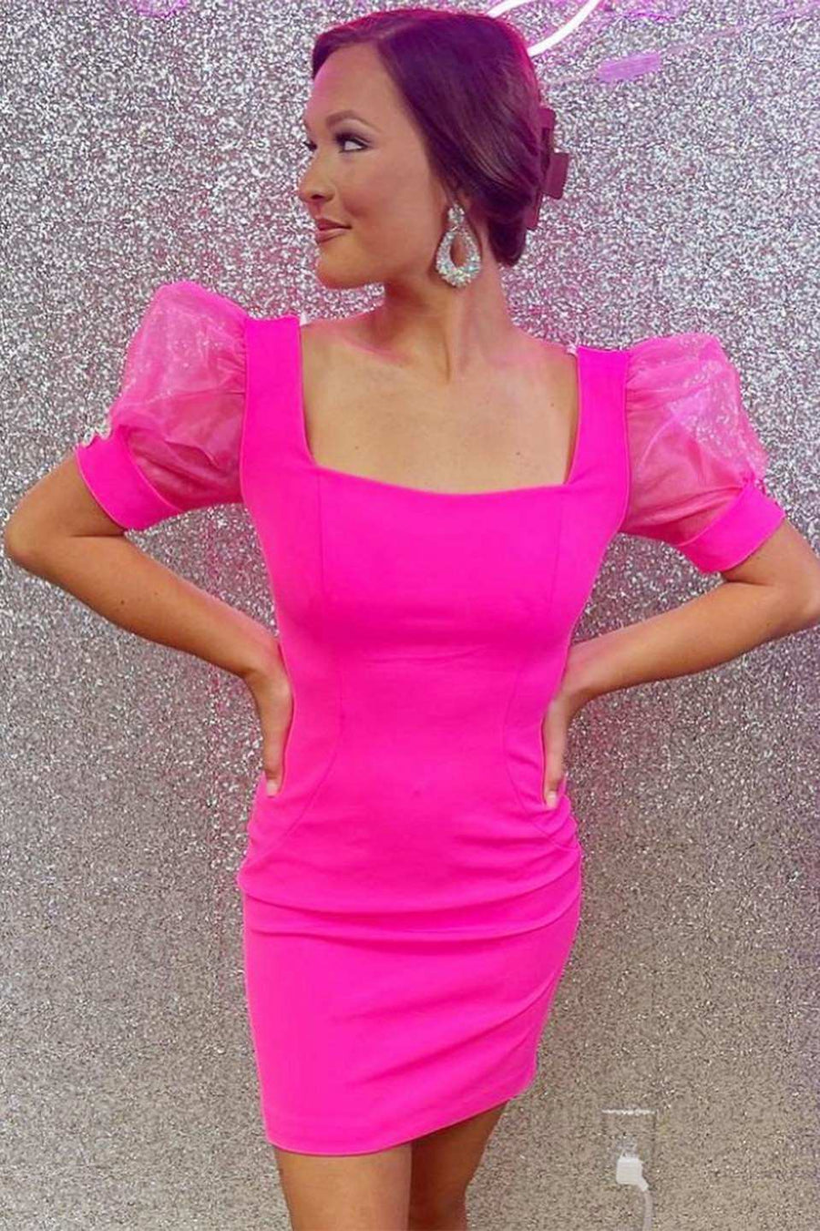 Neon Pink Square Neck Bodycon Party Dress with Sheer Sleeves – Modsele Neon Pink Square Neck Bodycon Party Dress with Sheer Sleeves – Modsele