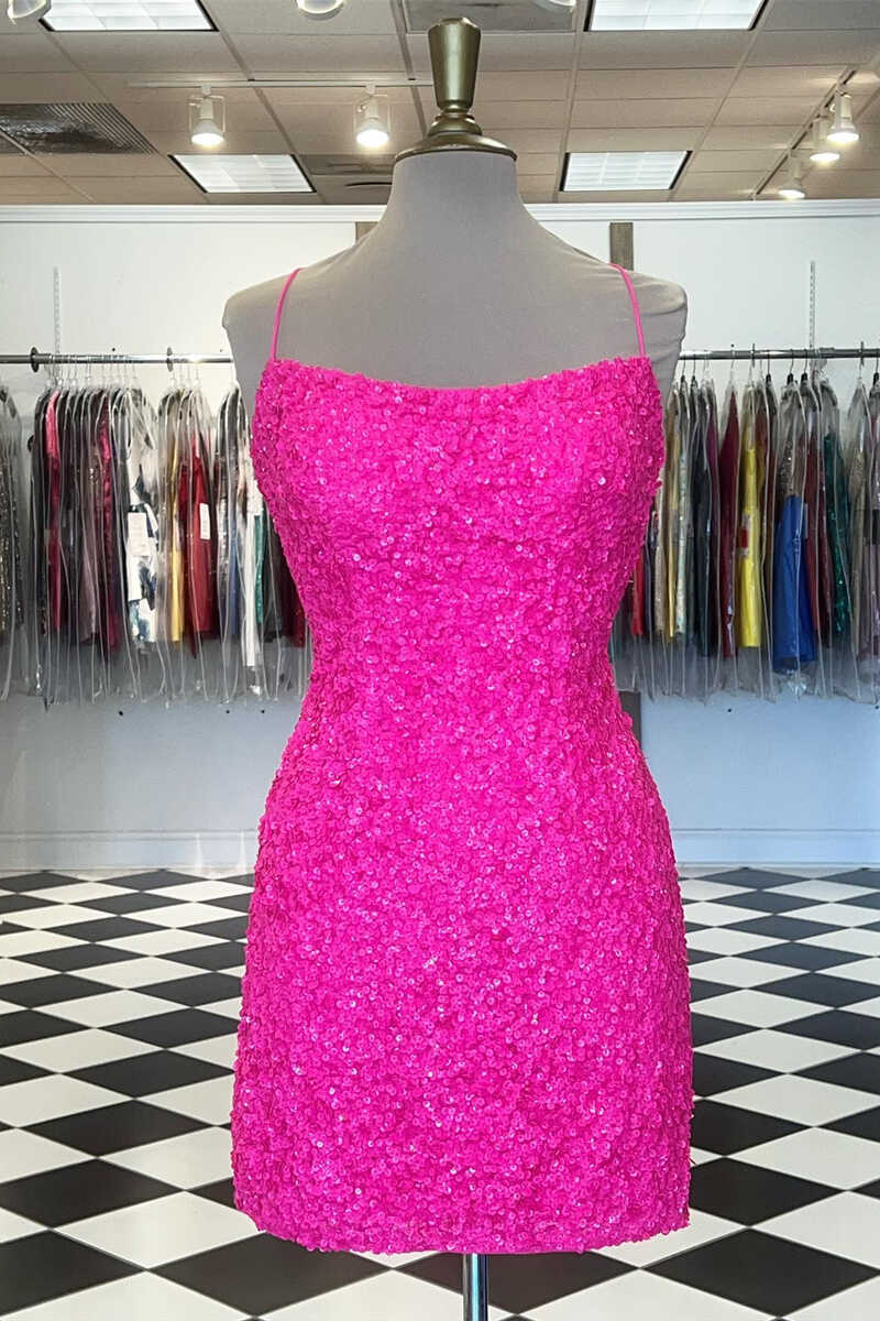 Hot Pink Sequin Lace-Up Mini Cocktail Dress