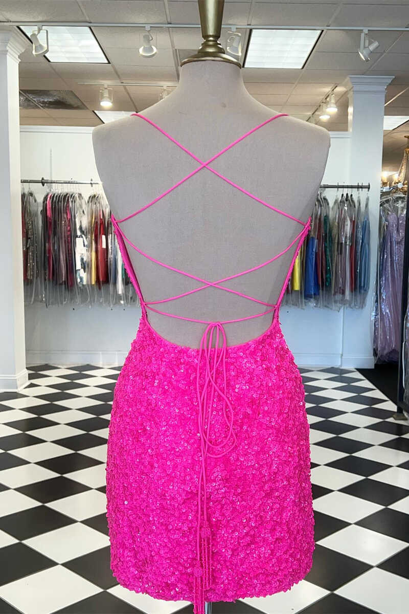 Hot Pink Sequin Lace-Up Mini Cocktail Dress