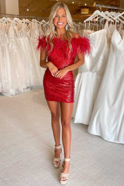 Red Off-the-Shoulder Feathered Bodycon Mini Homecoming Dress