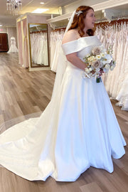 White Satin Off-the-Shoulder A-Line Long Wedding Dress