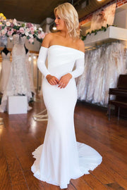 White Off-the-Shoulder Long Sleeve Mermaid Wedding Dress