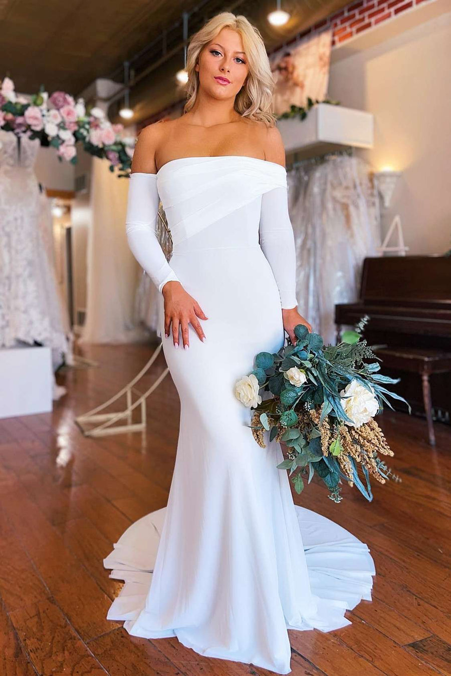 Simple white off the shoulder wedding dress Clearance