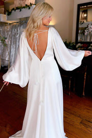 White V-Neck Long Sleeve Backless Long Wedding Dress with Slit