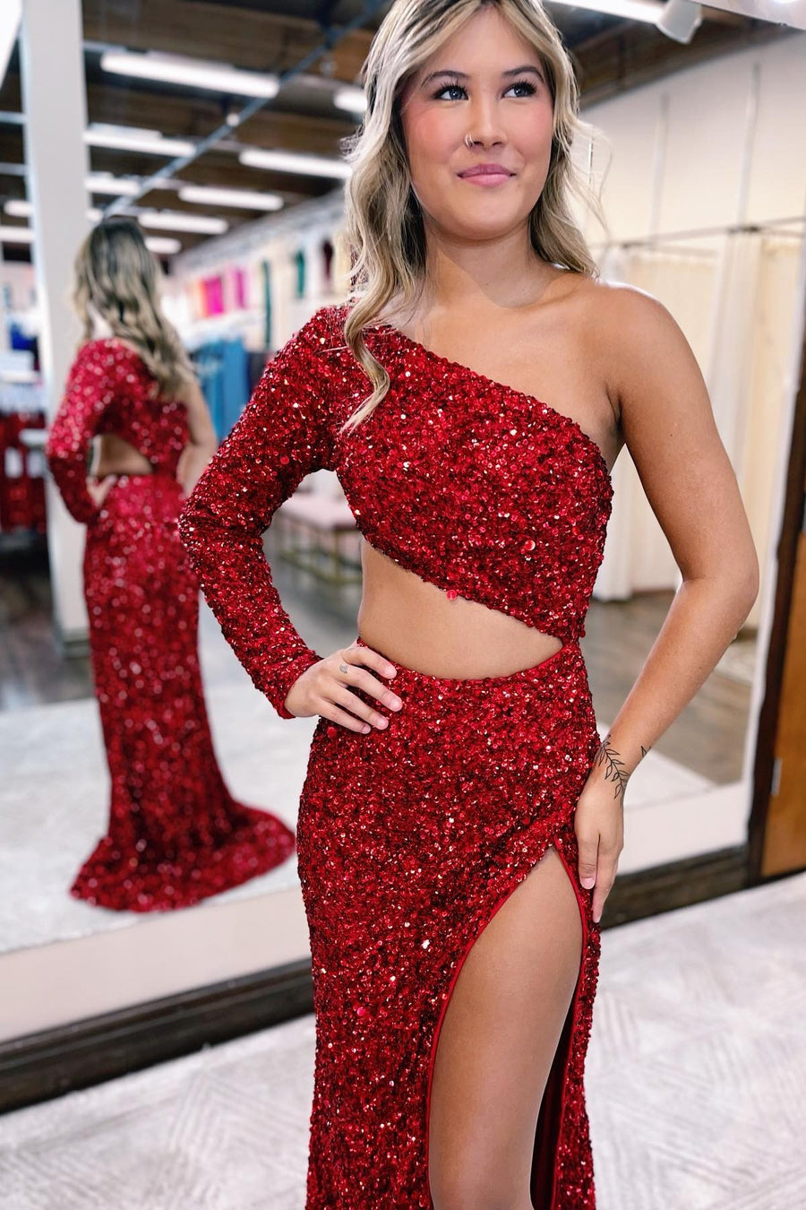 Sequins One-Sleeve Cutout Long Prom Dress with Slit