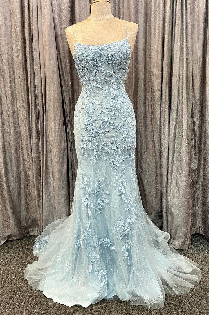 Spaghetti Straps Lace Appliques Sleeveless Mermaid Long Prom Dress