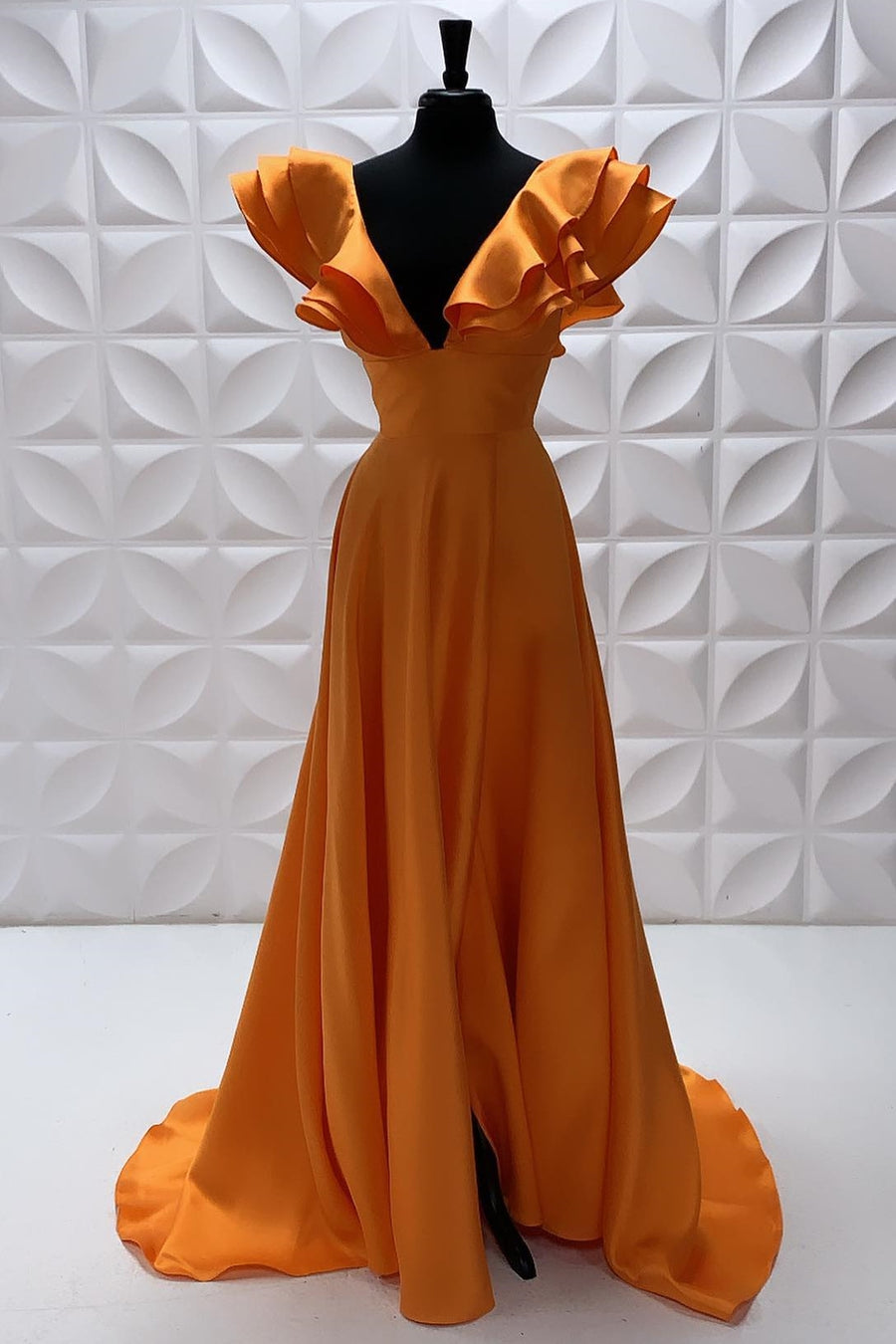 A Line Orange V-Neck Ruffled Sleeve Empire Long Prom Dress