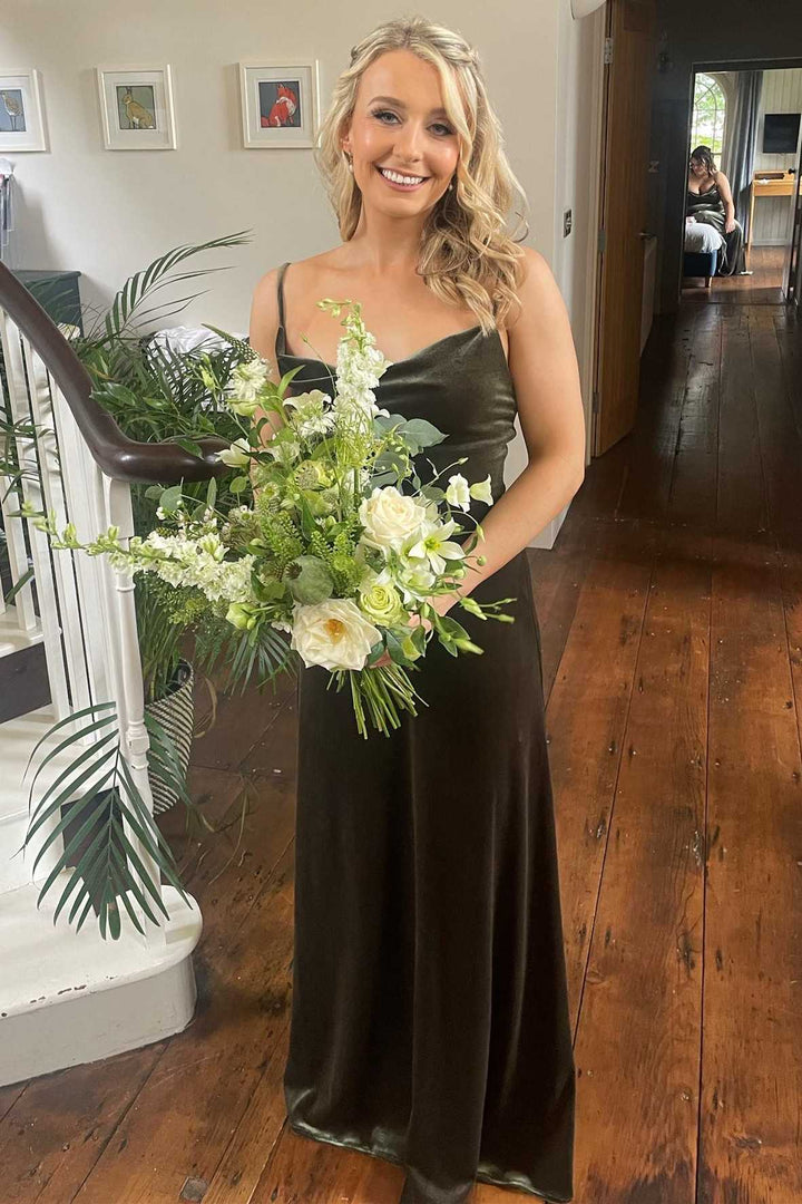 Dark Green Velvet Cowl Neck Long Wedding Guest Dress