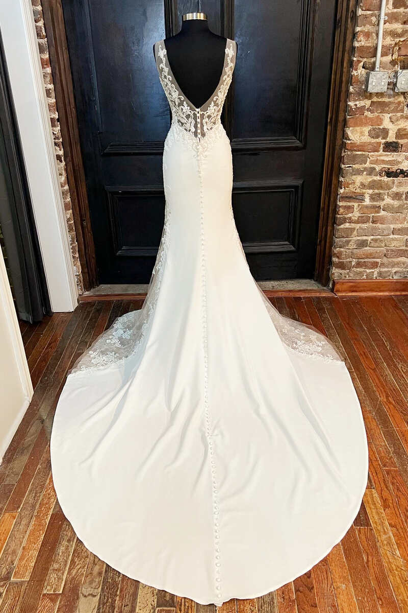 White V-Neck Backless Mermaid Long Wedding Gown
