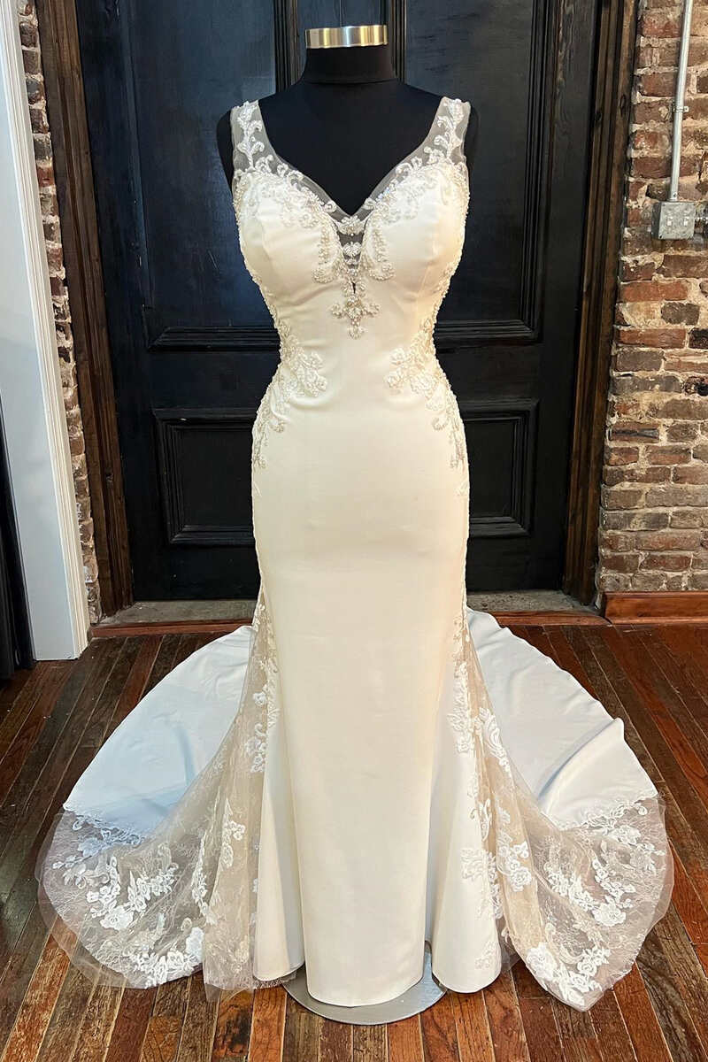 White V-Neck Backless Mermaid Long Wedding Gown