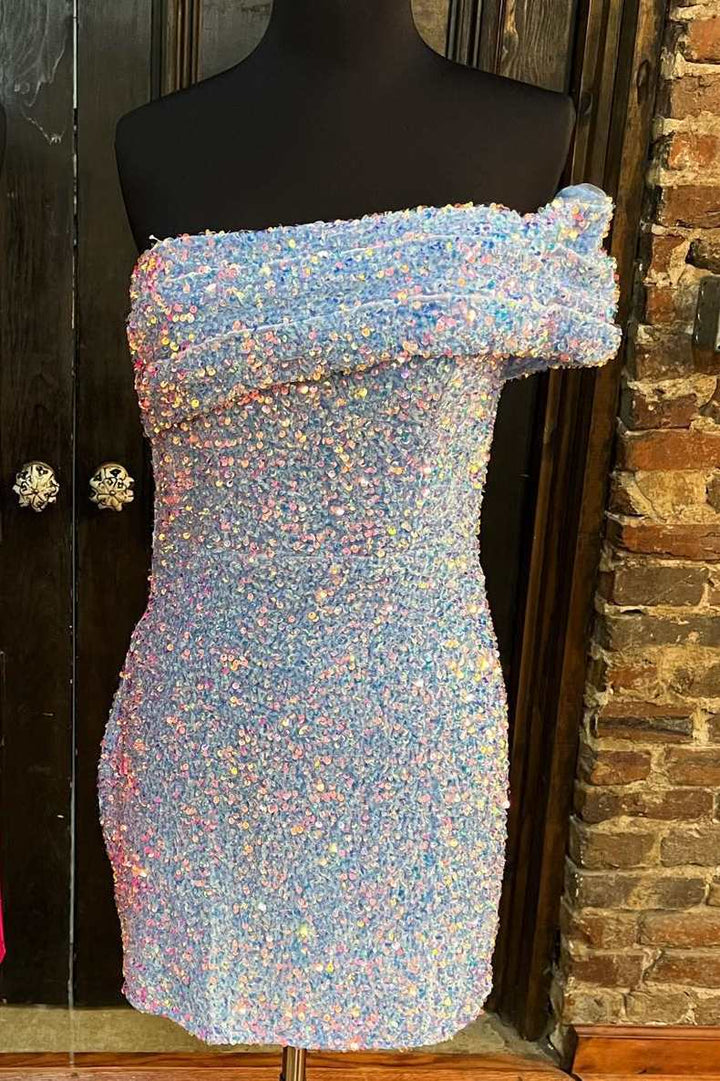 Wine Red Sequin One-Shoulder Short Homecoming Dress