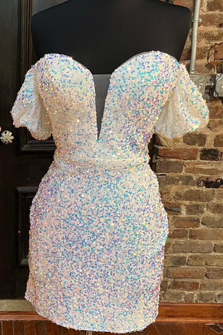 Blue Iridescent Sequin Puff Sleeve Bodycon Mini Homecoming Dress