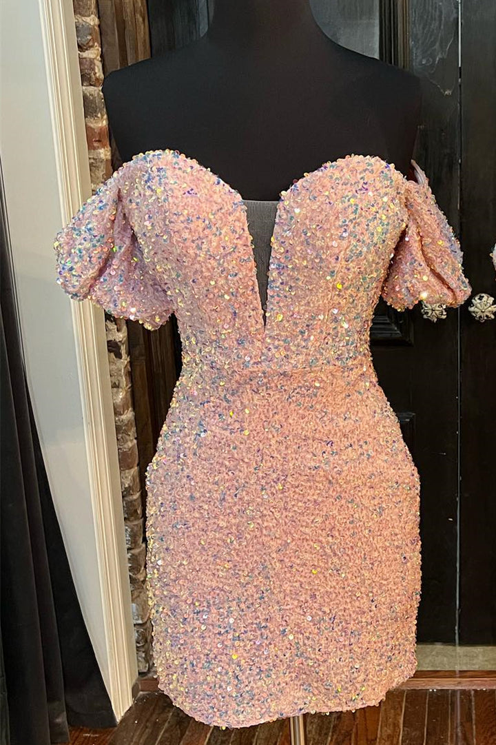 Blue Iridescent Sequin Puff Sleeve Bodycon Mini Homecoming Dress