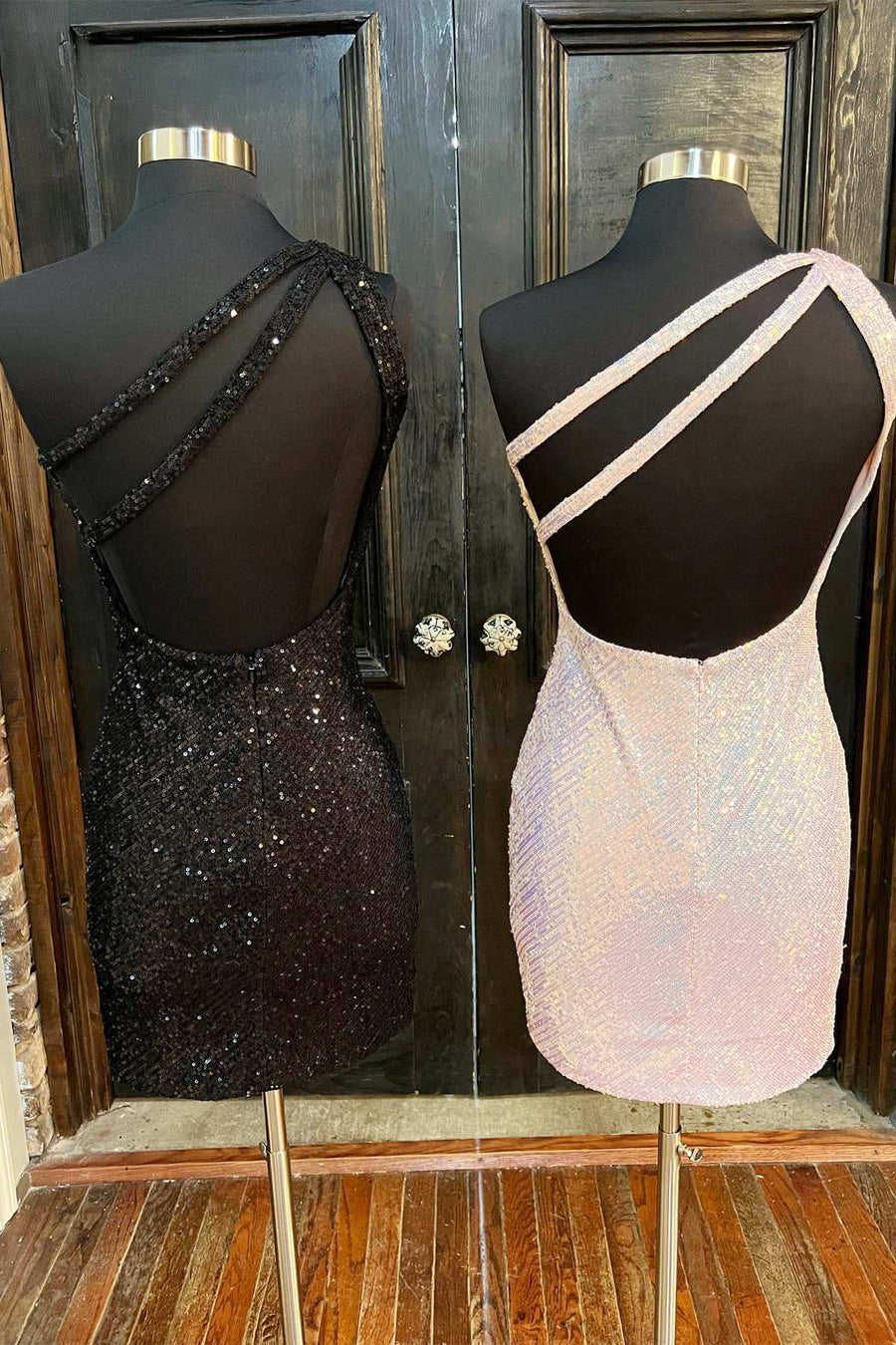 Black Sequin One-Shoulder Fitted Party Dress with Keyhole