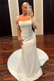 White Square Neck Long Sleeve Mermaid Long Wedding Dress