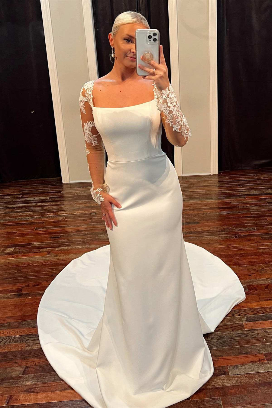 White Square Neck Long Sleeve Mermaid Long Wedding Dress Modsele White Square Neck Long Sleeve Mermaid Long Wedding Dress Modsele