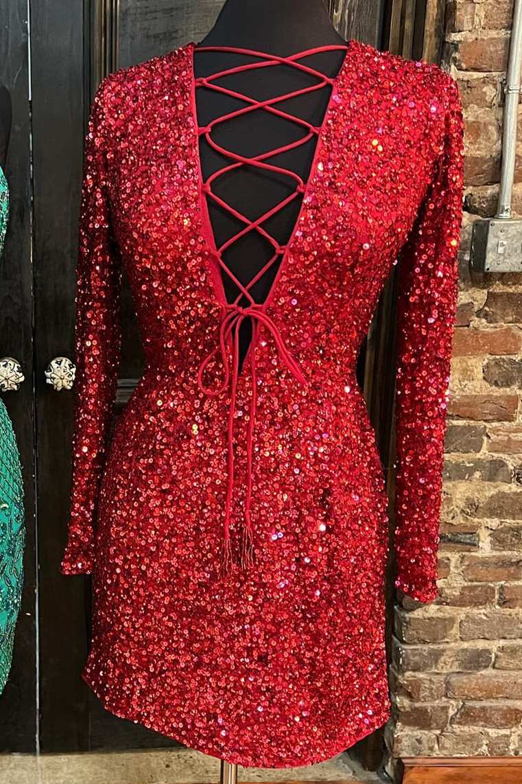 Red Sequin Lace-Up Long Sleeve Short Cocktail Dress