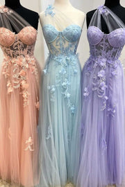 Dreamy Lavender Sheer Mesh One-Shoulder Long Prom Gown