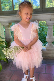 Pink Tulle Feather Sleeve Flower Girl Dress