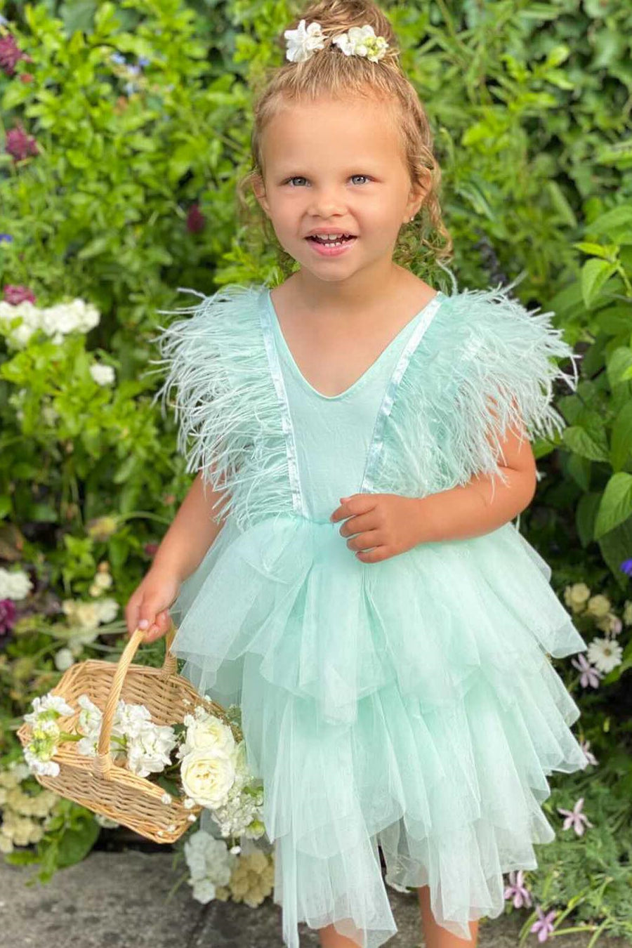 Pink Tulle Feather Sleeve Flower Girl Dress