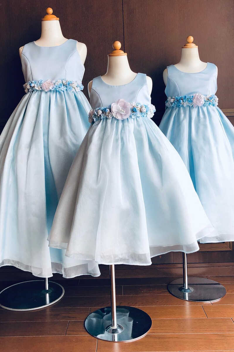 Light Blue Round Neck Belted A-Line Flower Girl Dress – Modsele