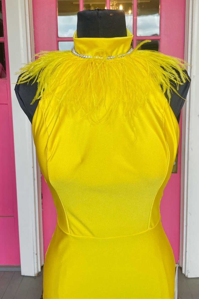 Yellow High Collar Feather Bodycon Short Party Dress