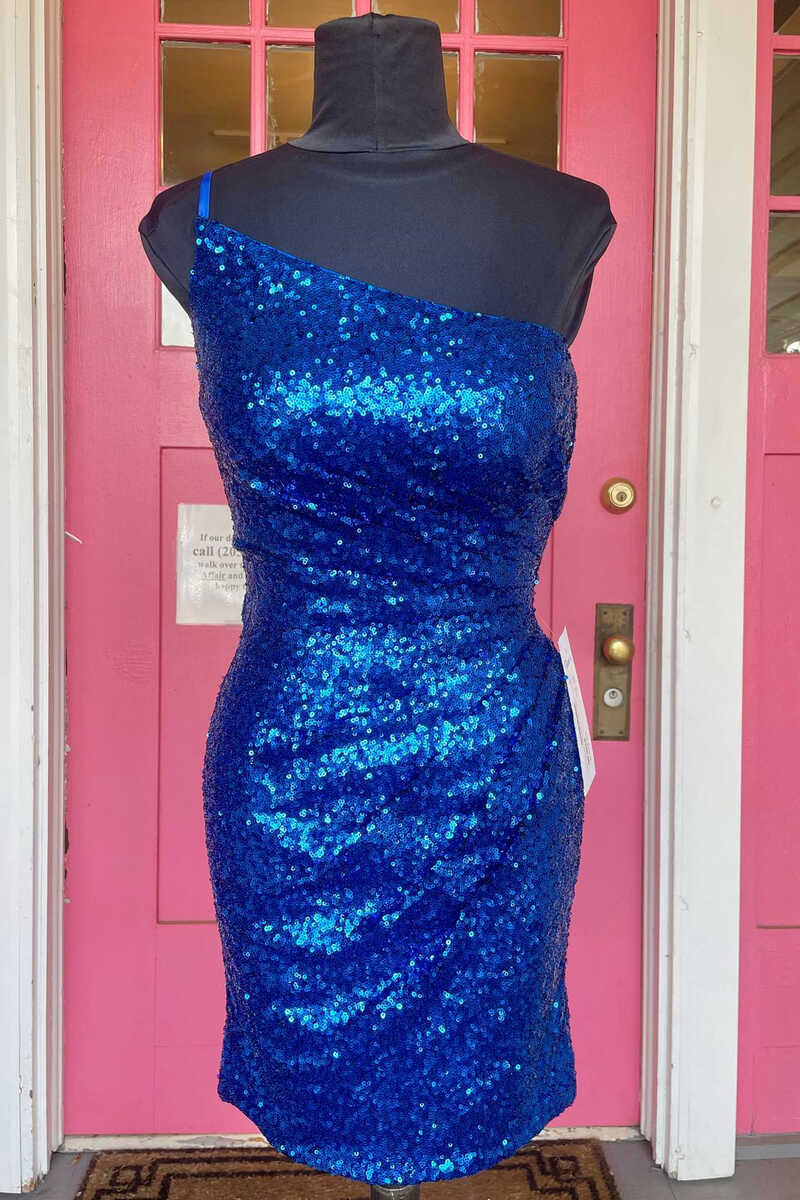One-Shoulder Blue Sequin Ruched Mini Cocktail Dress