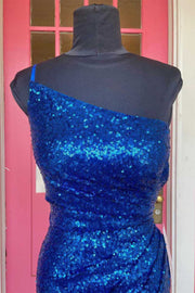 One-Shoulder Blue Sequin Ruched Mini Cocktail Dress