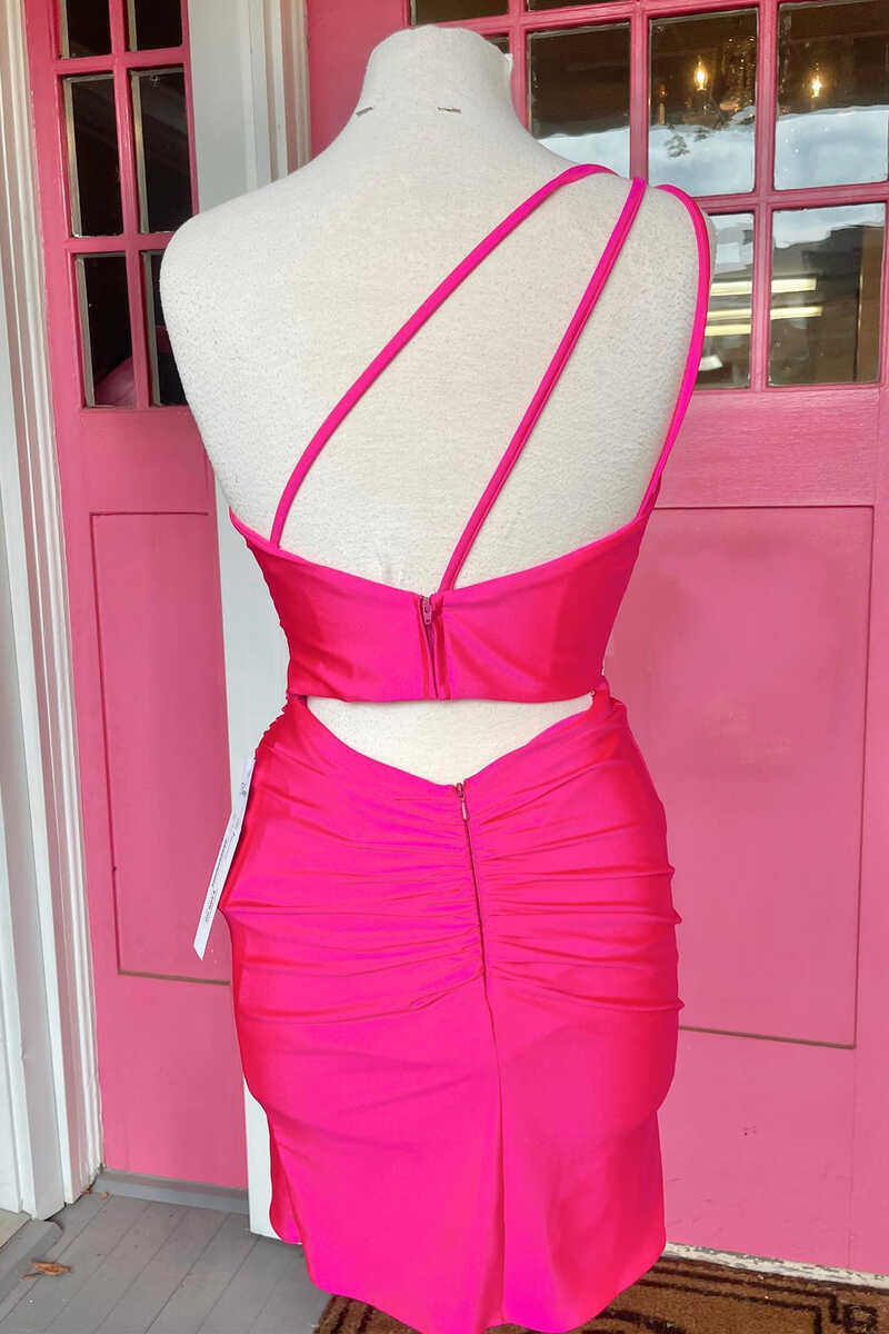 Neon Pink One-Shoulder Backless Bodycon Short Dress