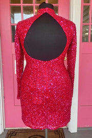 Pink Sequin Long Sleeve Backless Mini Homecoming Dress