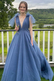 Dark Blue Plunge V Bow-Strap A-Line Long Prom Gown