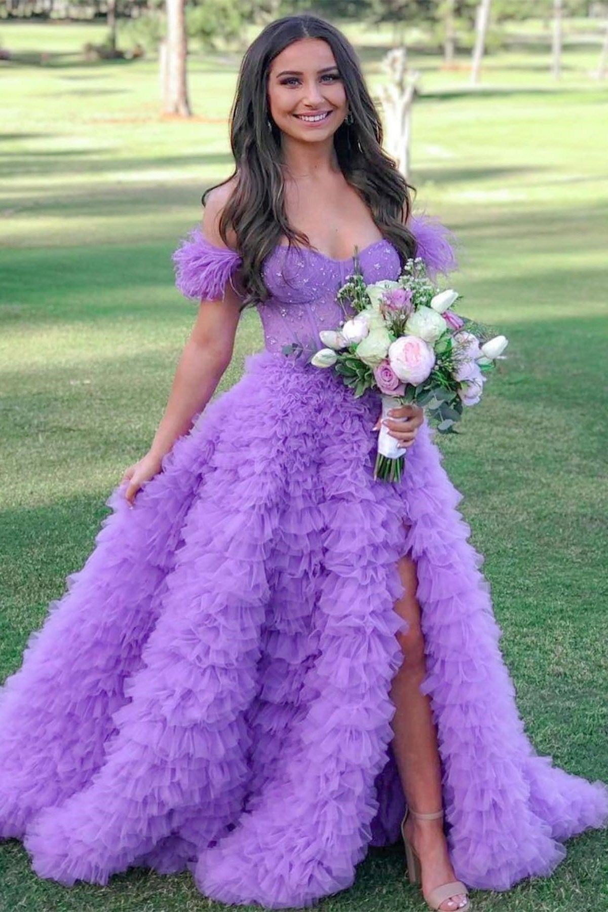 Pink feather 2024 prom dress