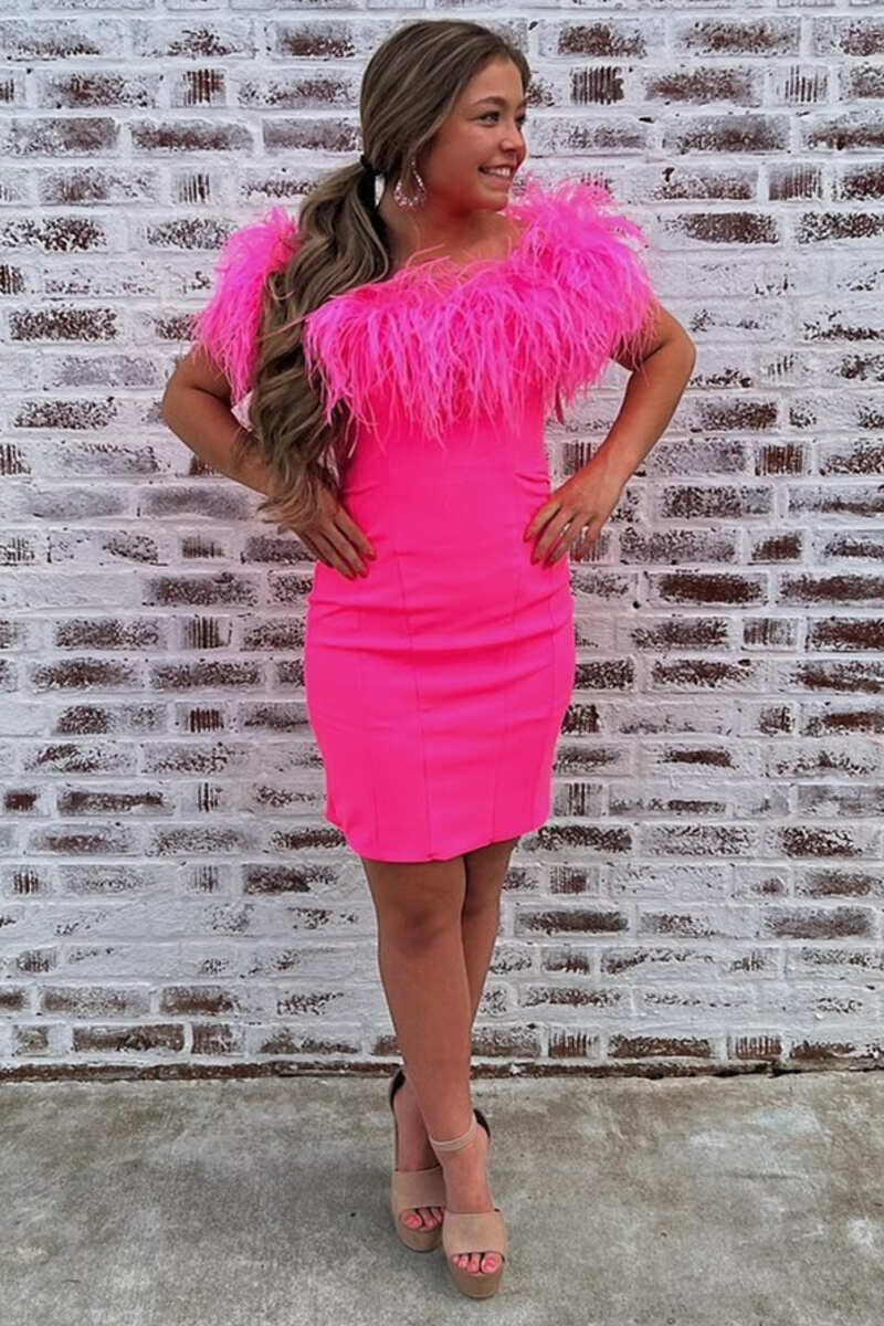 Hot Pink Off-the-Shoulder Feathered Short Party Dress