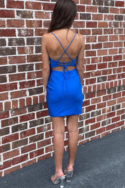 Blue Surplice Lace-Up Fitted Homecoming Dress