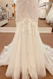 White Lace Straps Backless Trumpet Long Wedding Dress