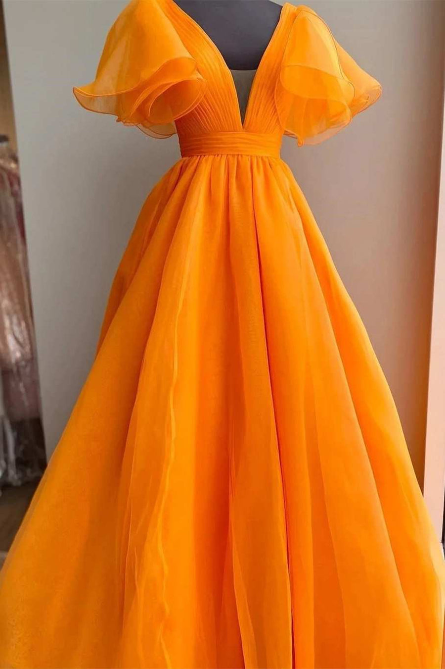 Orange Plunge V Ruffled Sleeve A-Line Long Formal Dress