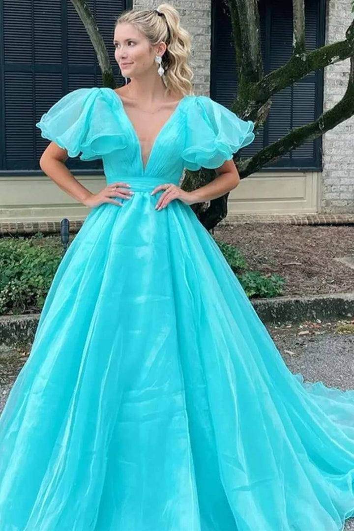 Orange Plunge V Ruffled Sleeve A-Line Long Formal Dress
