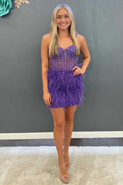 Stunning Purple Beaded Straps Feathered Mini Homecoming Dress