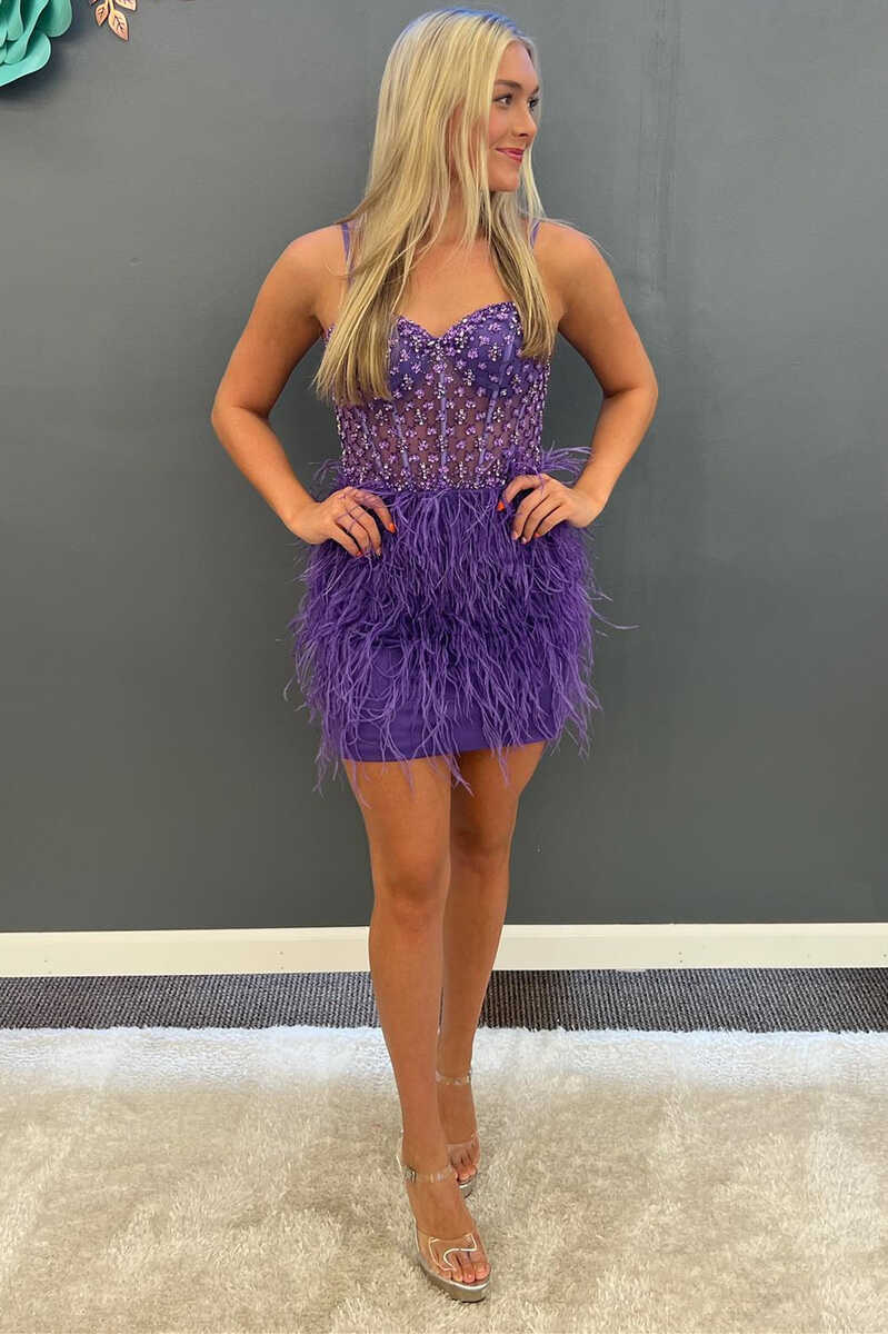 Stunning Purple Beaded Straps Feathered Mini Homecoming Dress Modsele Stunning Purple Beaded Straps Feathered Mini Homecoming Dress Modsele