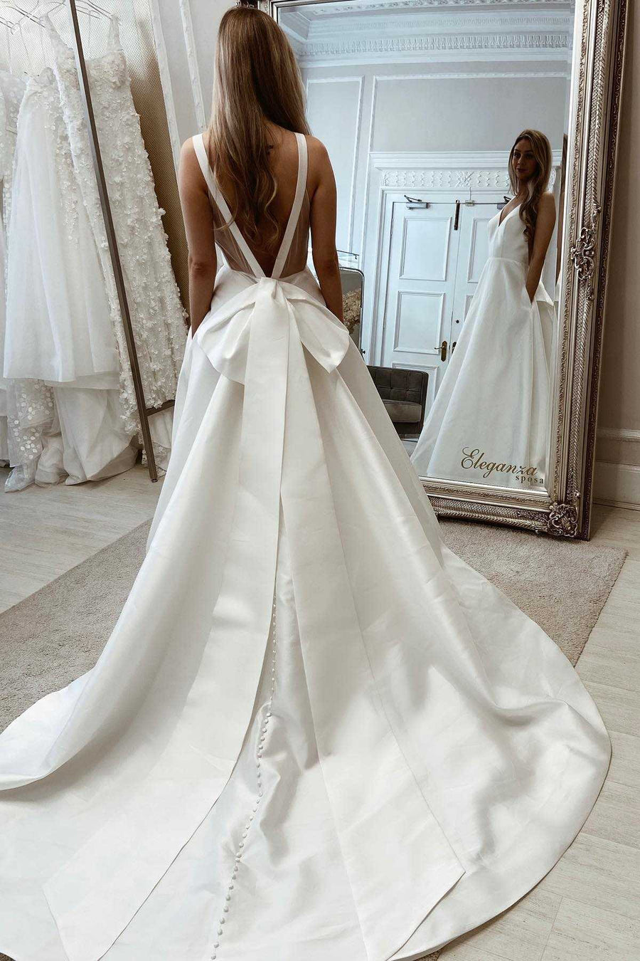 White Bow-Back A-Line Long Wedding Gown
