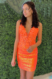 Orange Sequin Appliques Backless Short Dress
