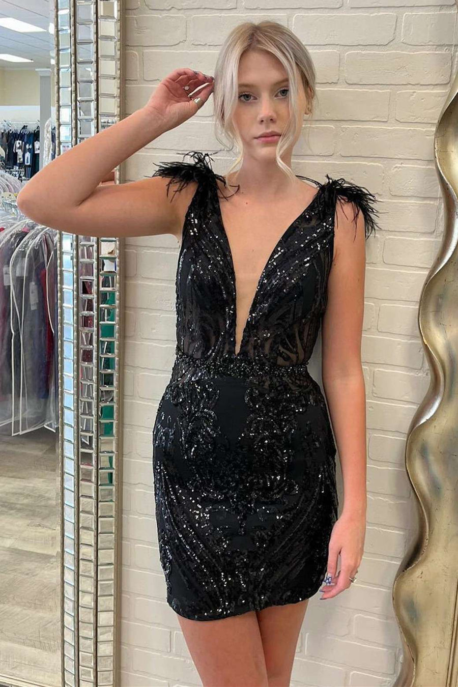 Black Plunge V Feathers Short Party Gown