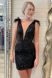 Black Plunge V Feathers Short Party Gown