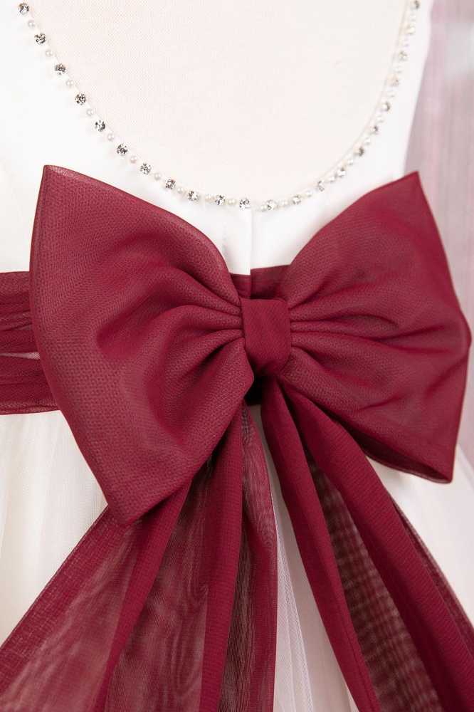 White Tulle Sleeveless Girl Party Dress with Red Bow
