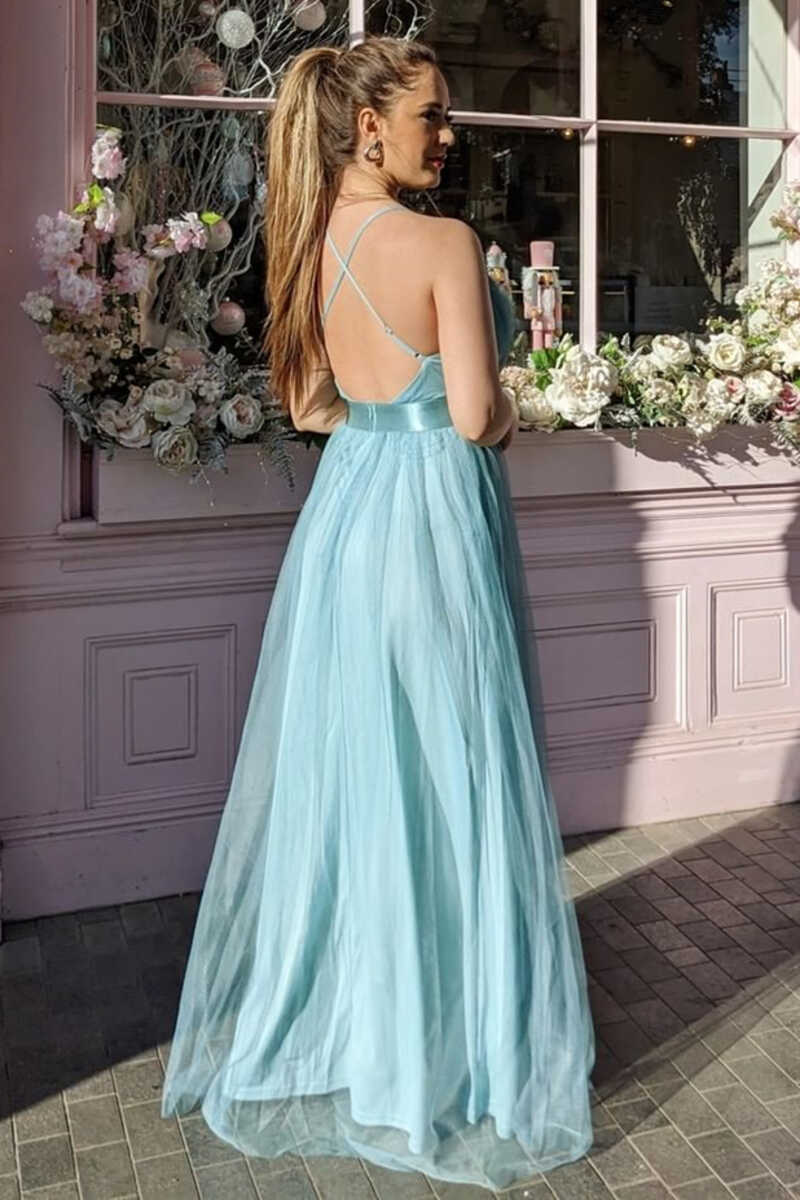 Slate Blue Tulle V-Neck Backless Bridesmaid Dress